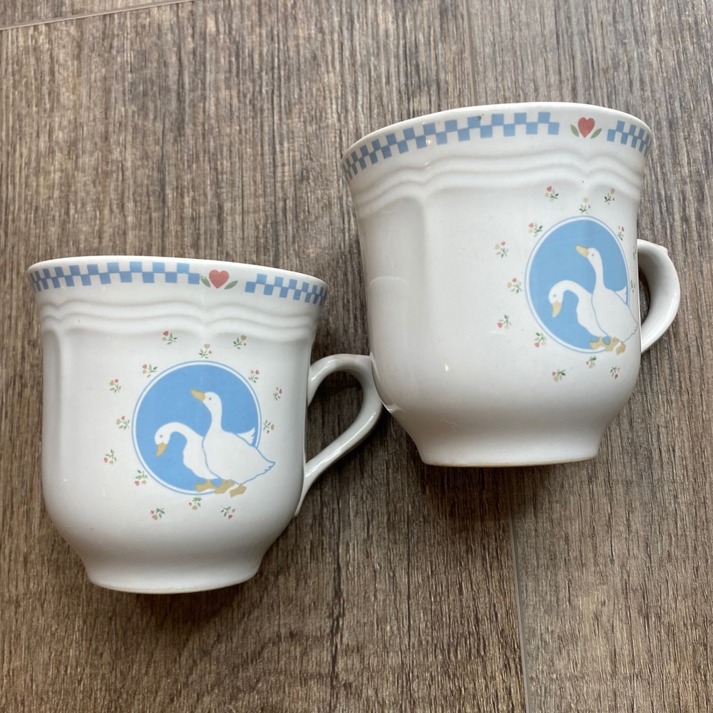 Stoneware Moonlight Thailand Geese Heart Mugs Set of 2 Blue White Checkered